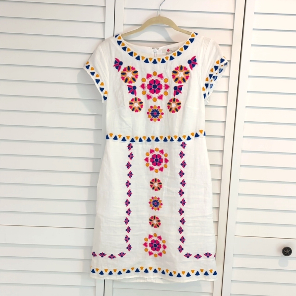 Boden Linen White Embroidered Dress Size 2